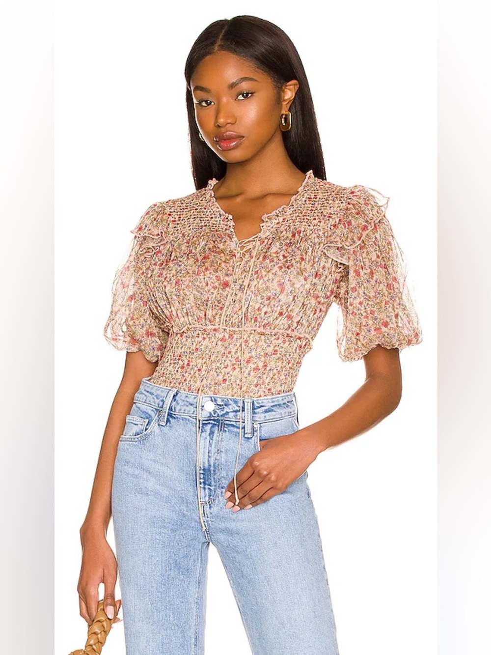 Free People Beatrice Smocked Floral Puff-Sleeve Top
